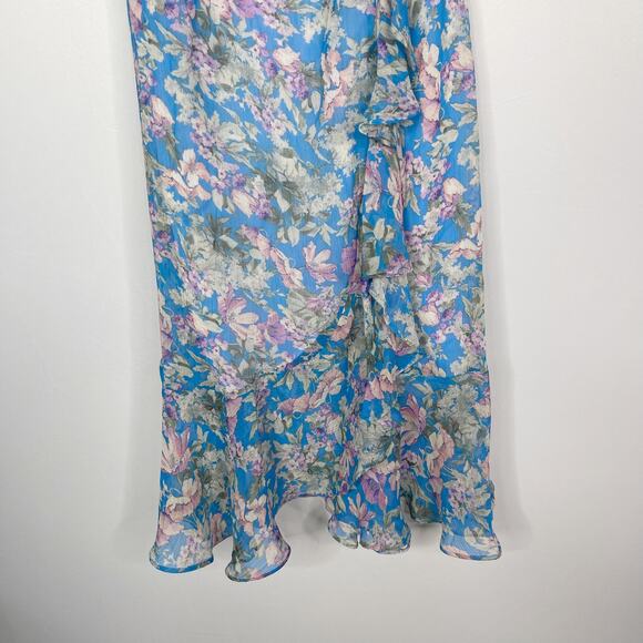 Socialite M Blue Purple Floral Ruffled Midi Dress Sleeveless Split Front Scoop - Picture 5 of 12